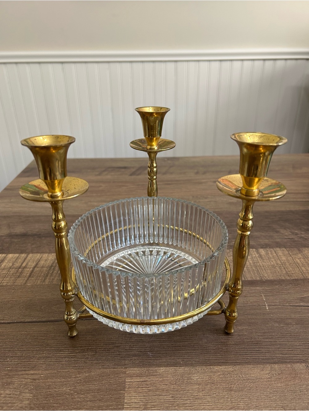 Vintage 1980s Teleflora Brass Trio Candlebra Centrepiece with Clear Glass Dish